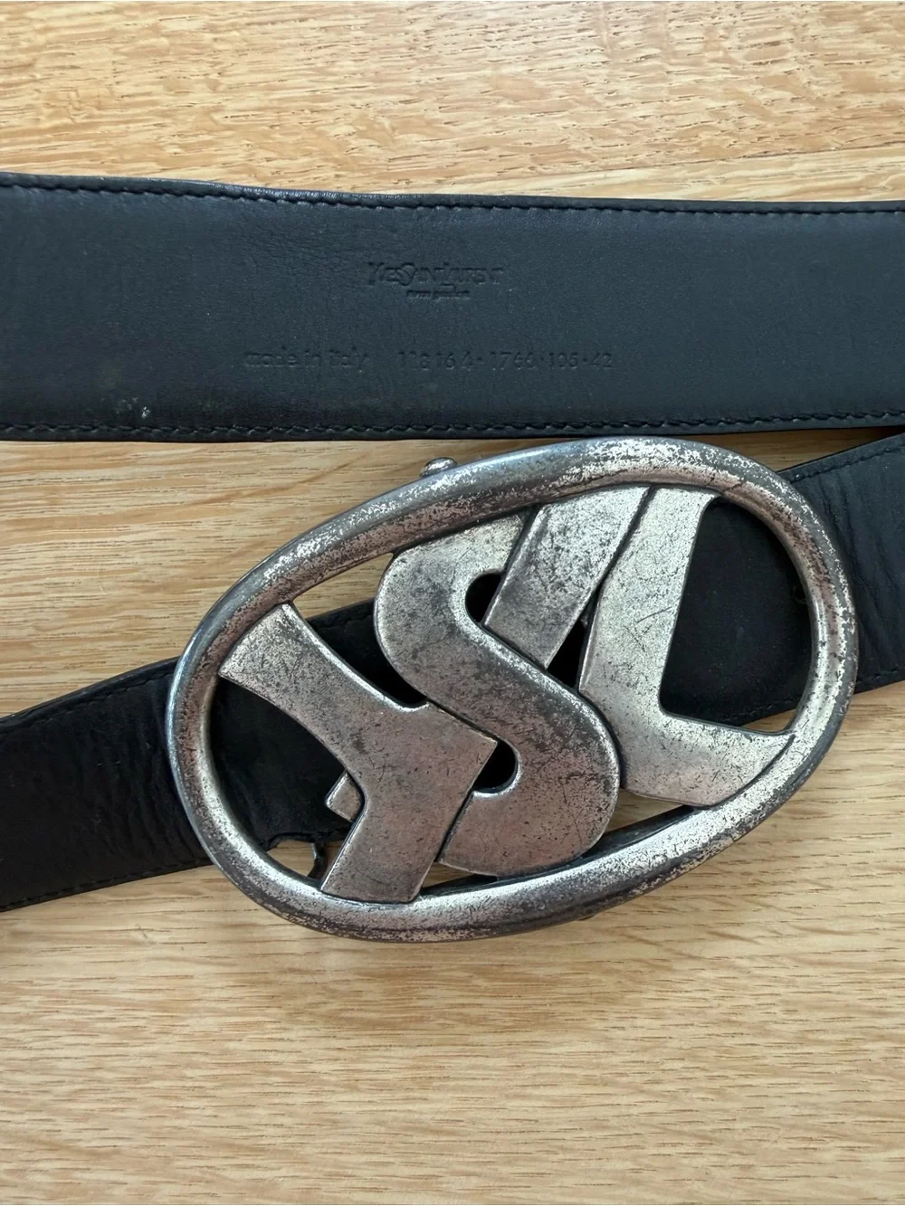 Authentic YSL Men's Vintage Black Leather Belt with Silver Logo Buckle